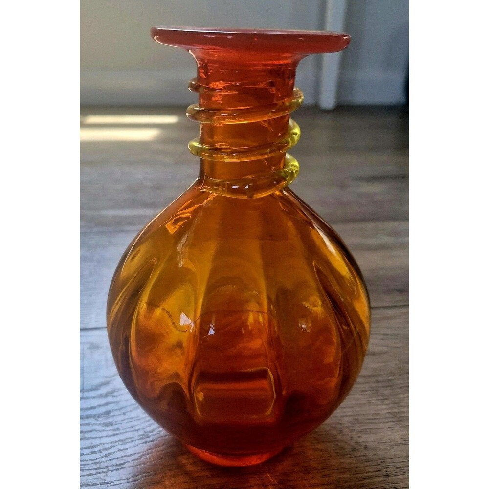 Vintage MCM Rainbow Art Glass Tangerine Amberina Optic Ribbed Vase Applied Coil